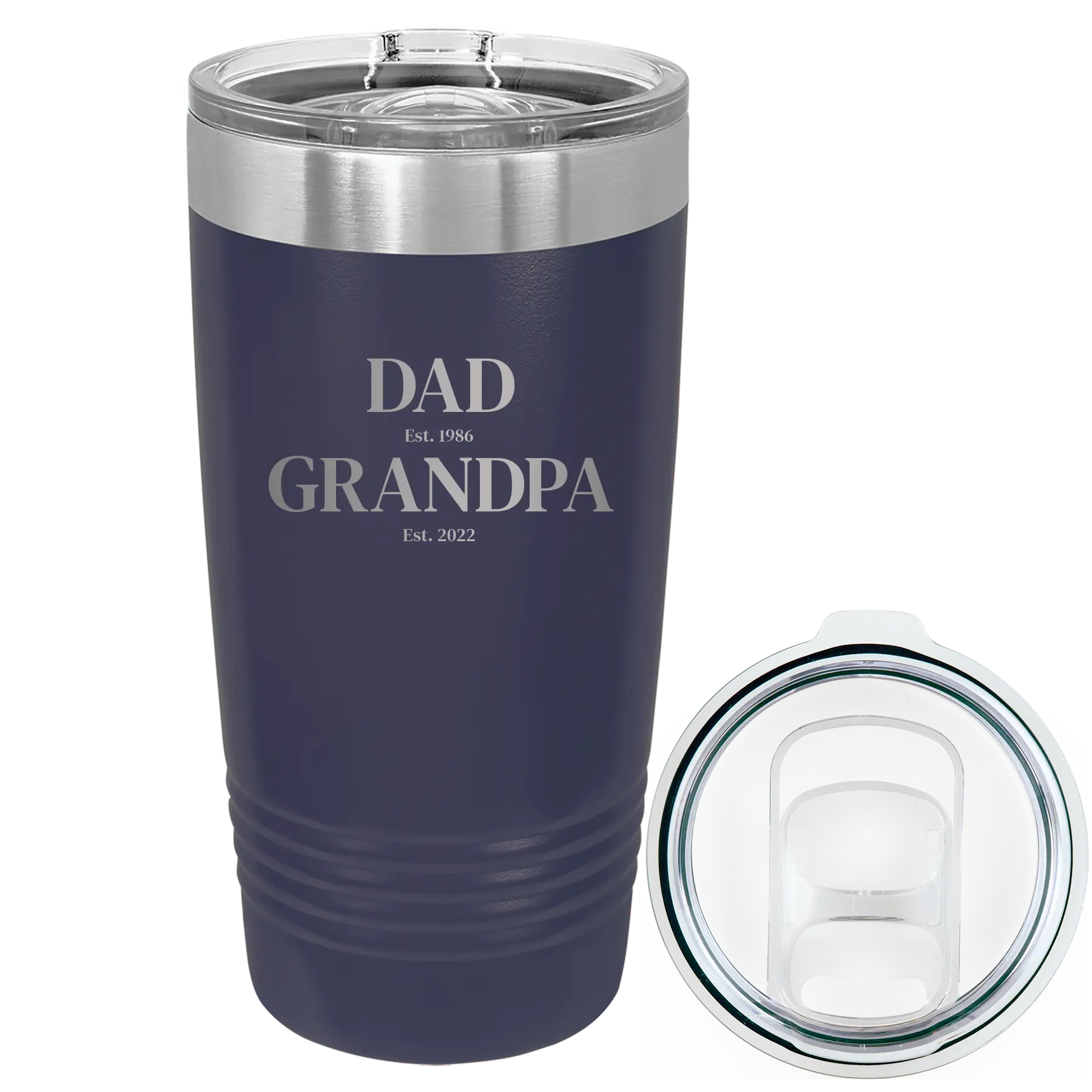 Laser etched navy 20 oz vacuum insulated tumbler with 'Parent to Grandparent' design
