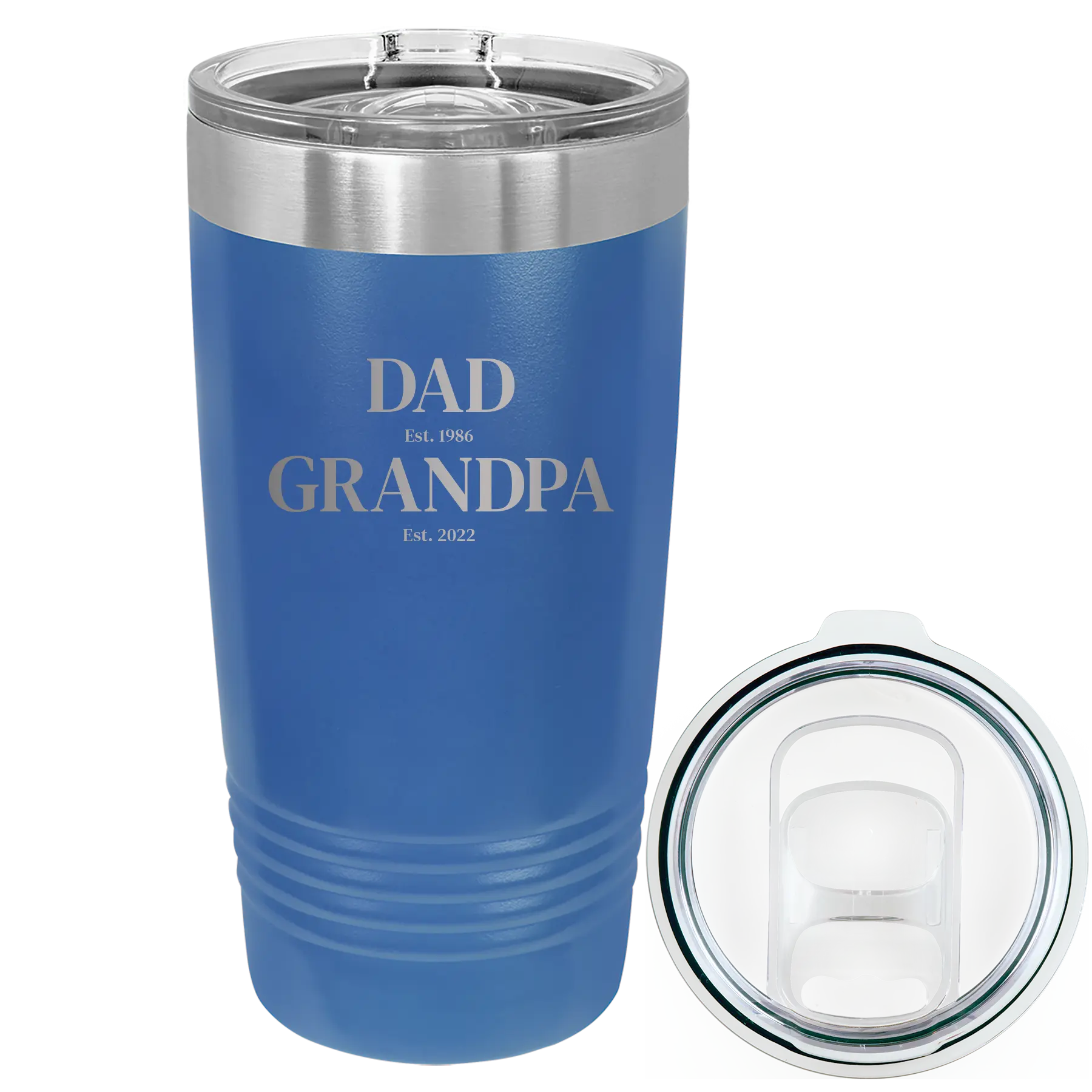 Laser etched royal blue 20 oz vacuum insulated tumbler with 'Parent to Grandparent' design