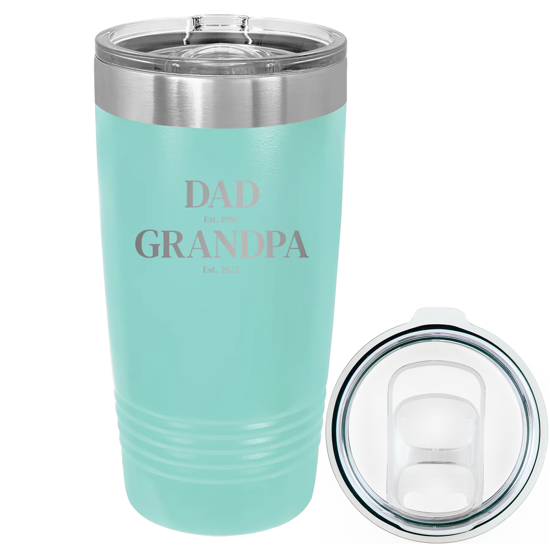 Laser etched teal 20 oz vacuum insulated tumbler with 'Parent to Grandparent' design