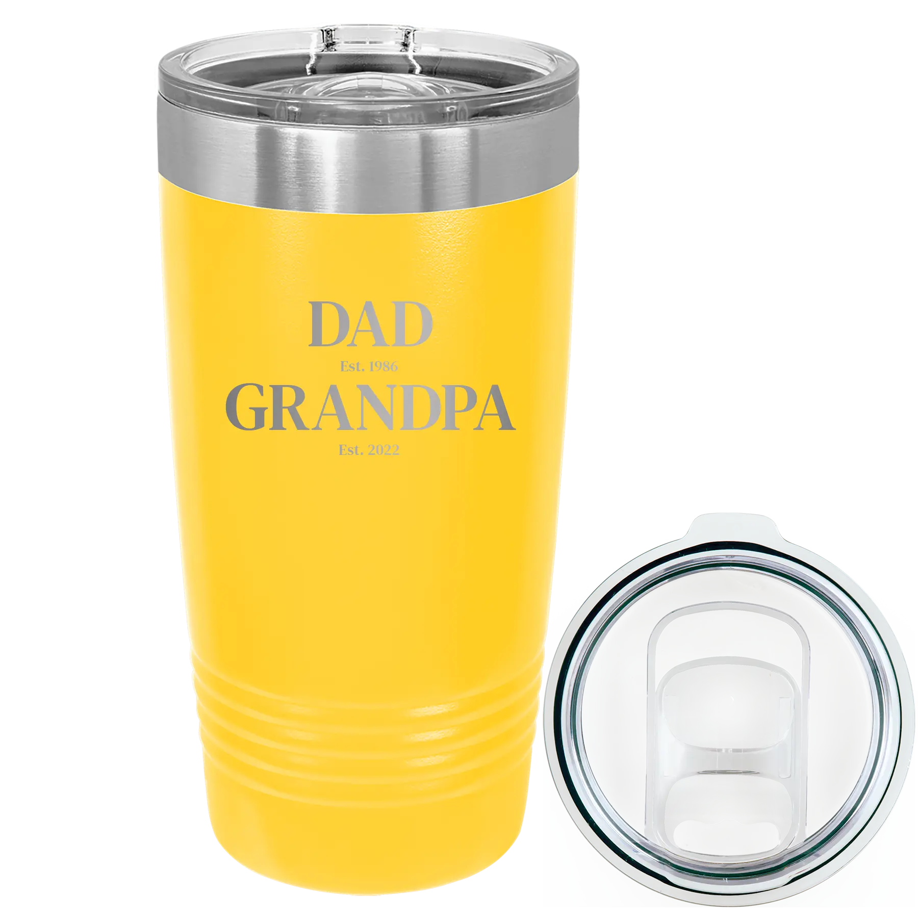 Laser etched yellow 20 oz vacuum insulated tumbler with 'Parent to Grandparent' design
