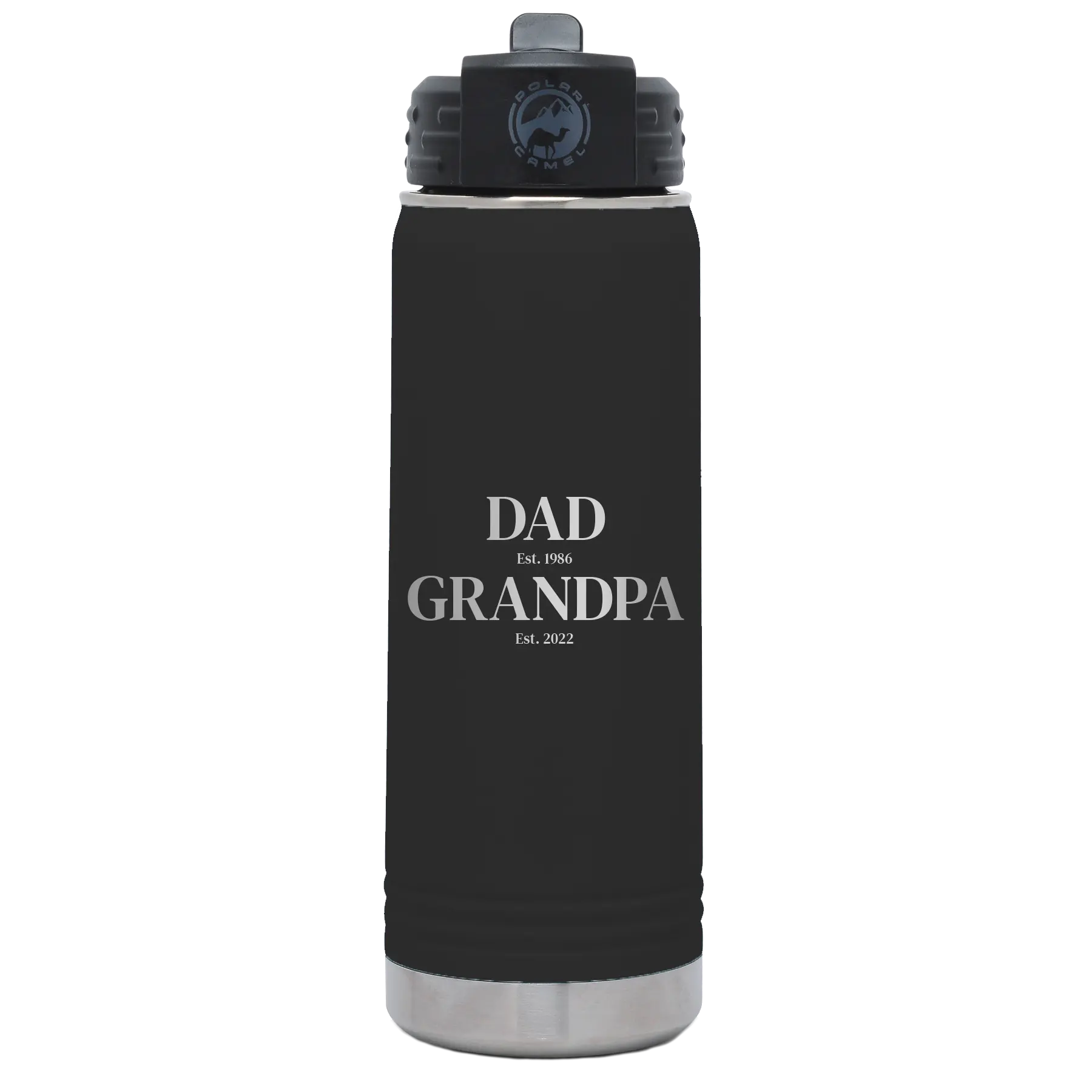 Laser etched black 20 oz vacuum insulated water bottle with 'Parent to Grandparent' design