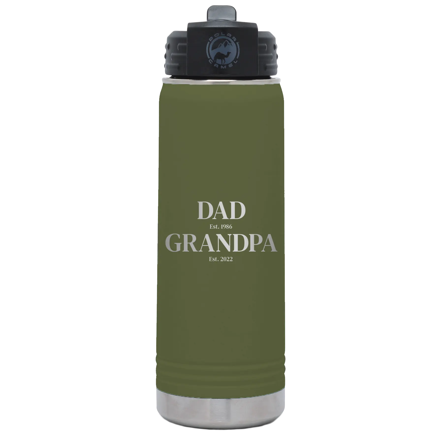 Laser etched olive green 20 oz vacuum insulated water bottle with 'Parent to Grandparent' design