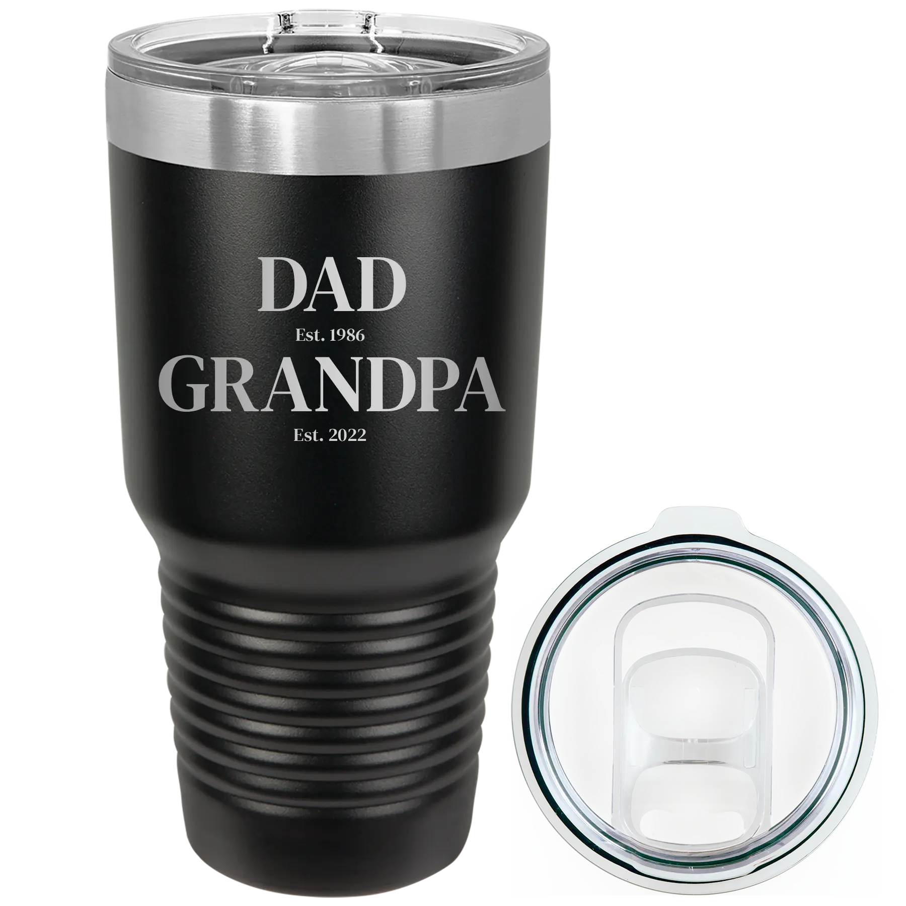 Laser etched black 30 oz vacuum insulated tumbler with 'Parent to Grandparent' design