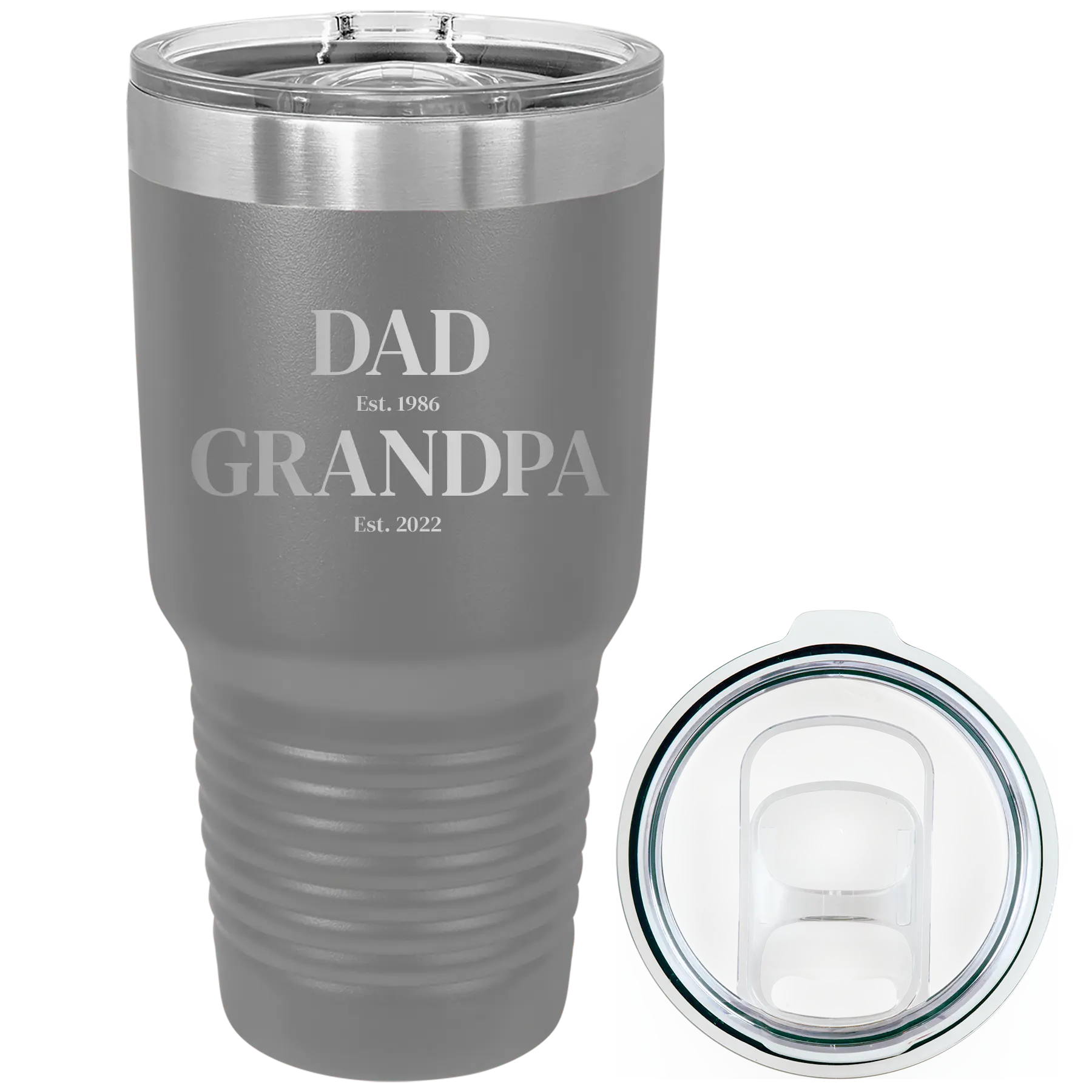 Laser etched dark gray 30 oz vacuum insulated tumbler with 'Parent to Grandparent' design