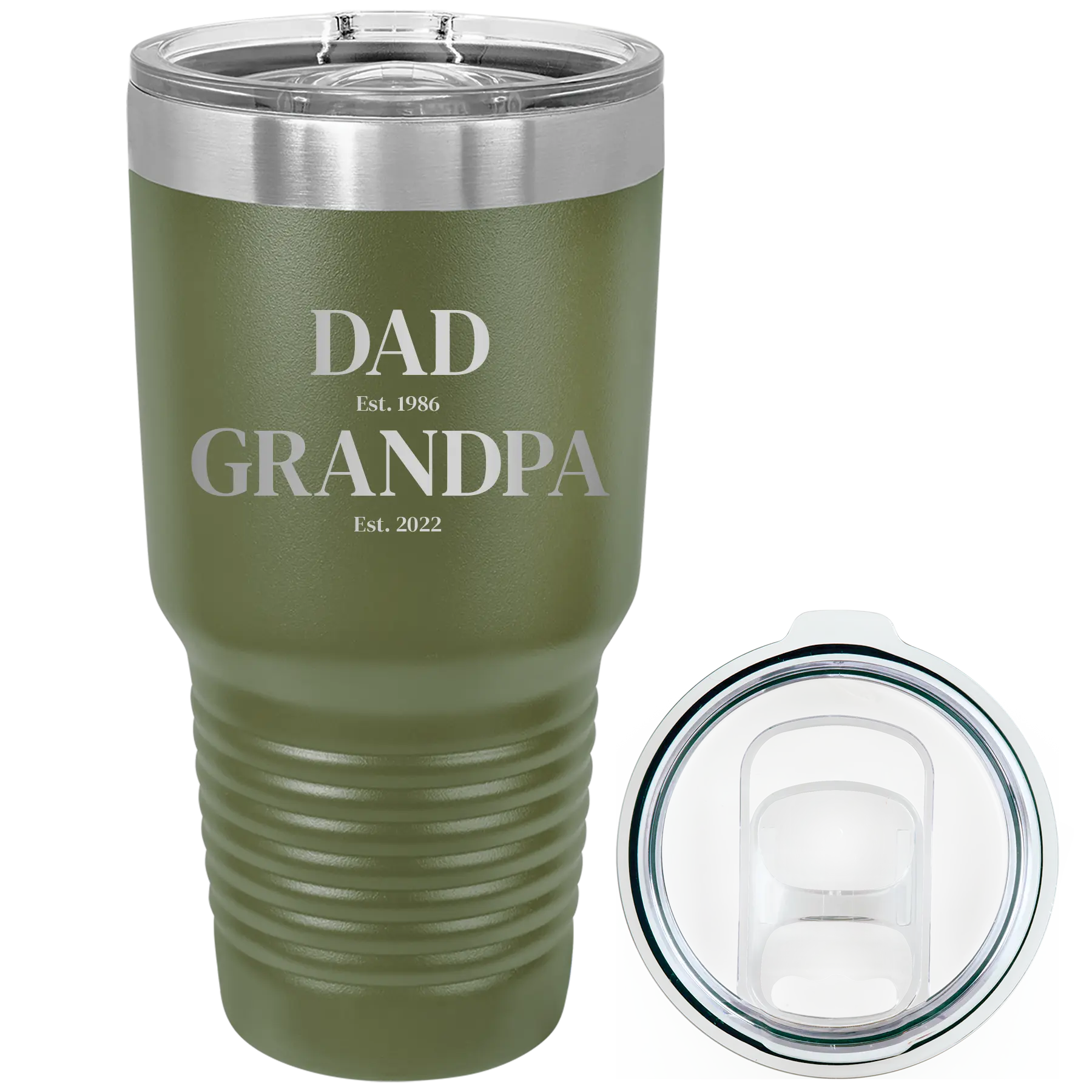 Laser etched olive green 30 oz vacuum insulated tumbler with 'Parent to Grandparent' design