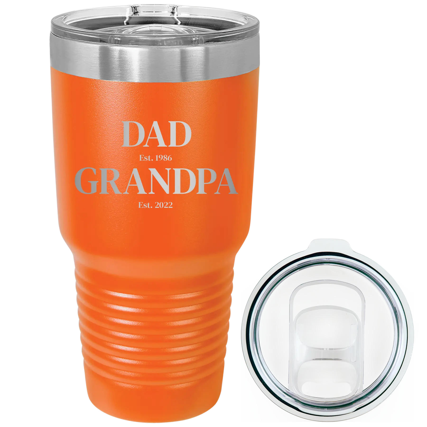 Laser etched orange 30 oz vacuum insulated tumbler with 'Parent to Grandparent' design