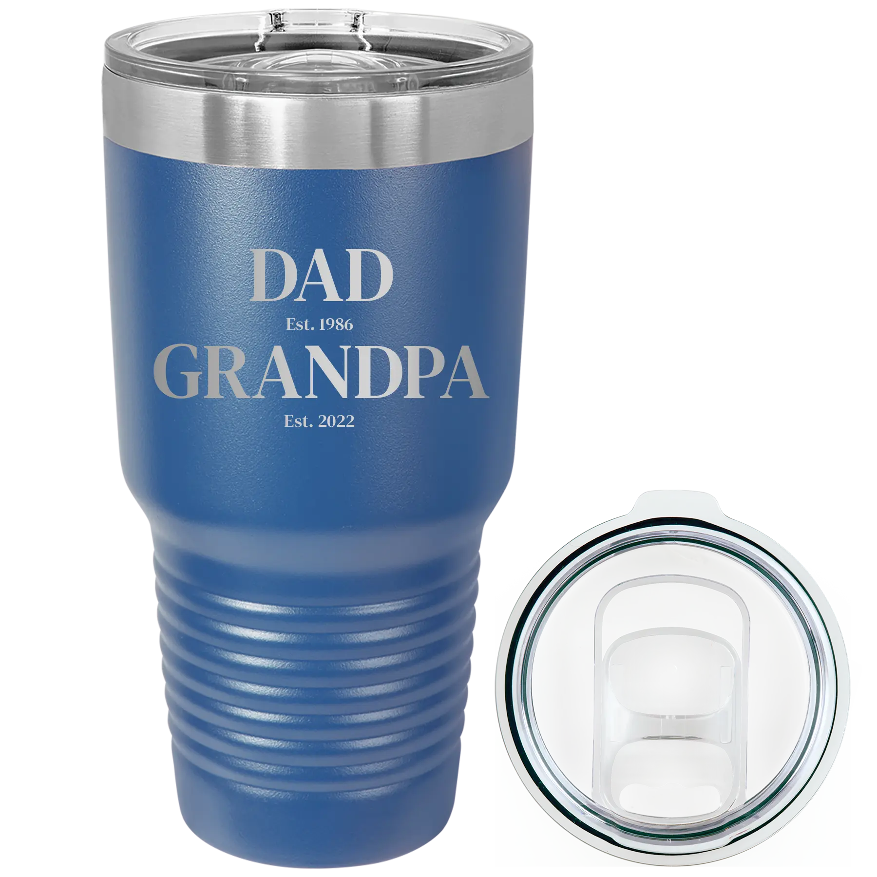 Laser etched royal blue 30 oz vacuum insulated tumbler with 'Parent to Grandparent' design