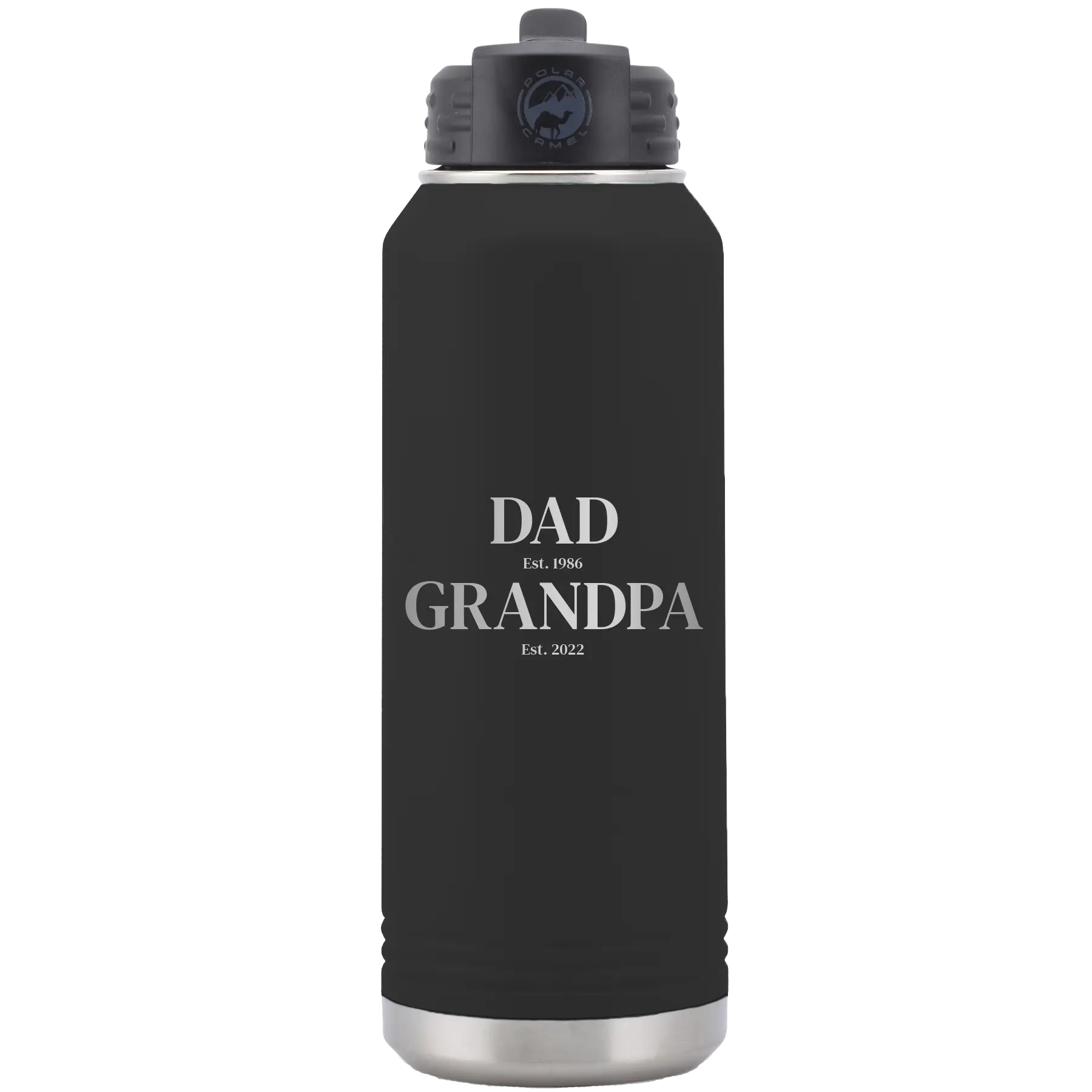 Laser etched black 32 oz vacuum insulated water bottle with 'Parent to Grandparent' design