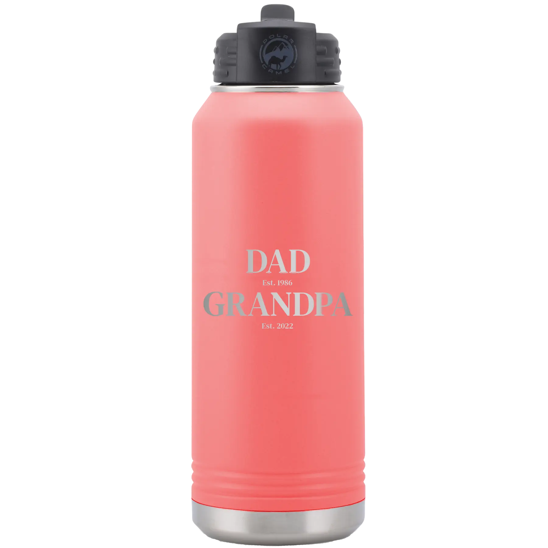 Laser etched coral 32 oz vacuum insulated water bottle with 'Parent to Grandparent' design