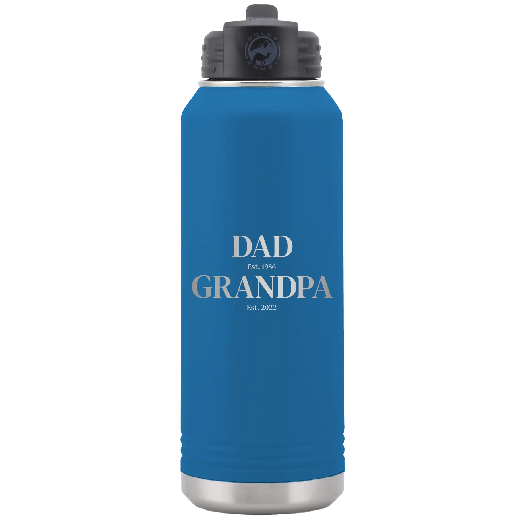 Laser etched royal blue 32 oz vacuum insulated water bottle with 'Parent to Grandparent' design