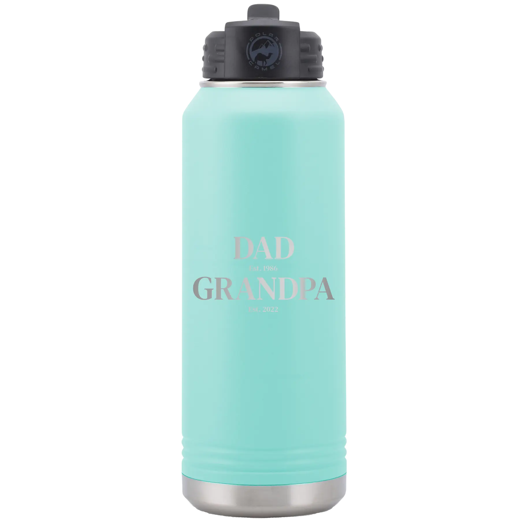 Laser etched teal 32 oz vacuum insulated water bottle with 'Parent to Grandparent' design