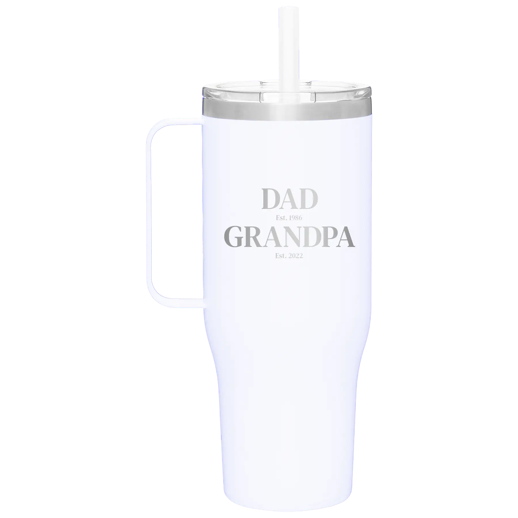 Personalized white 40 oz vacuum insulated tumbler mug with 'Parent to Grandparent' design