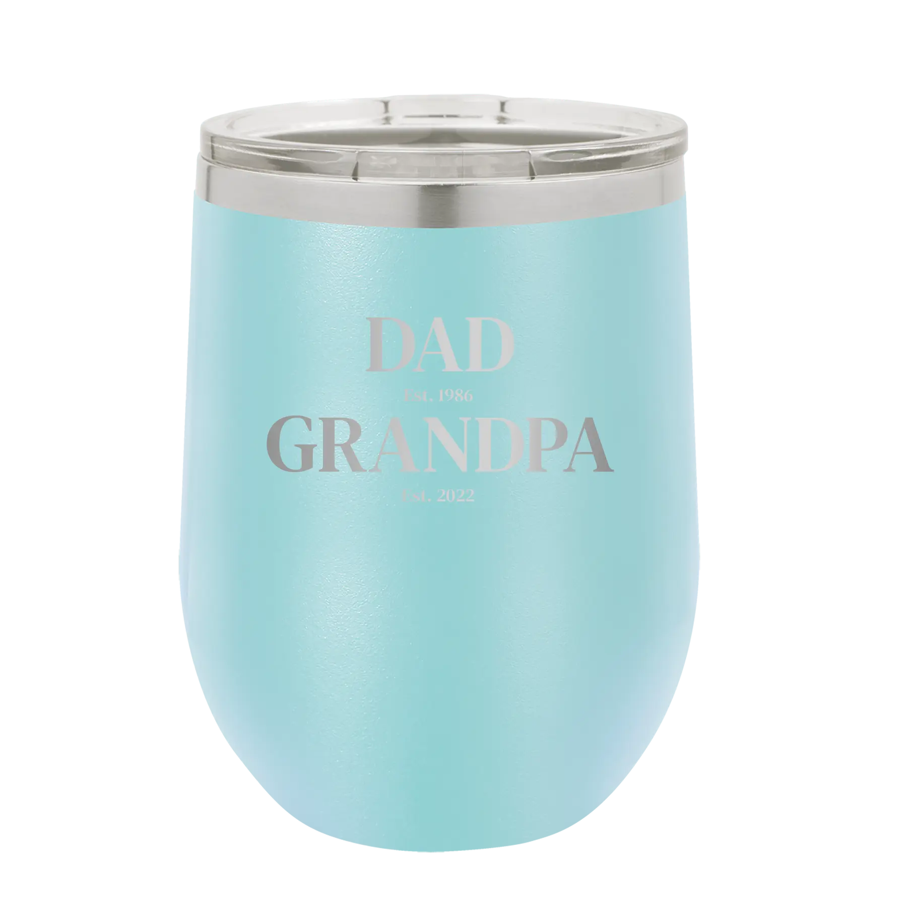 Personalized light blue 12 oz vacuum insulated wine cup with etched 'Parent to Grandparent' design