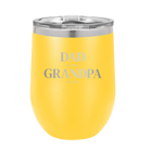 Personalized yellow 12 oz vacuum insulated wine cup with etched 'Parent to Grandparent' design