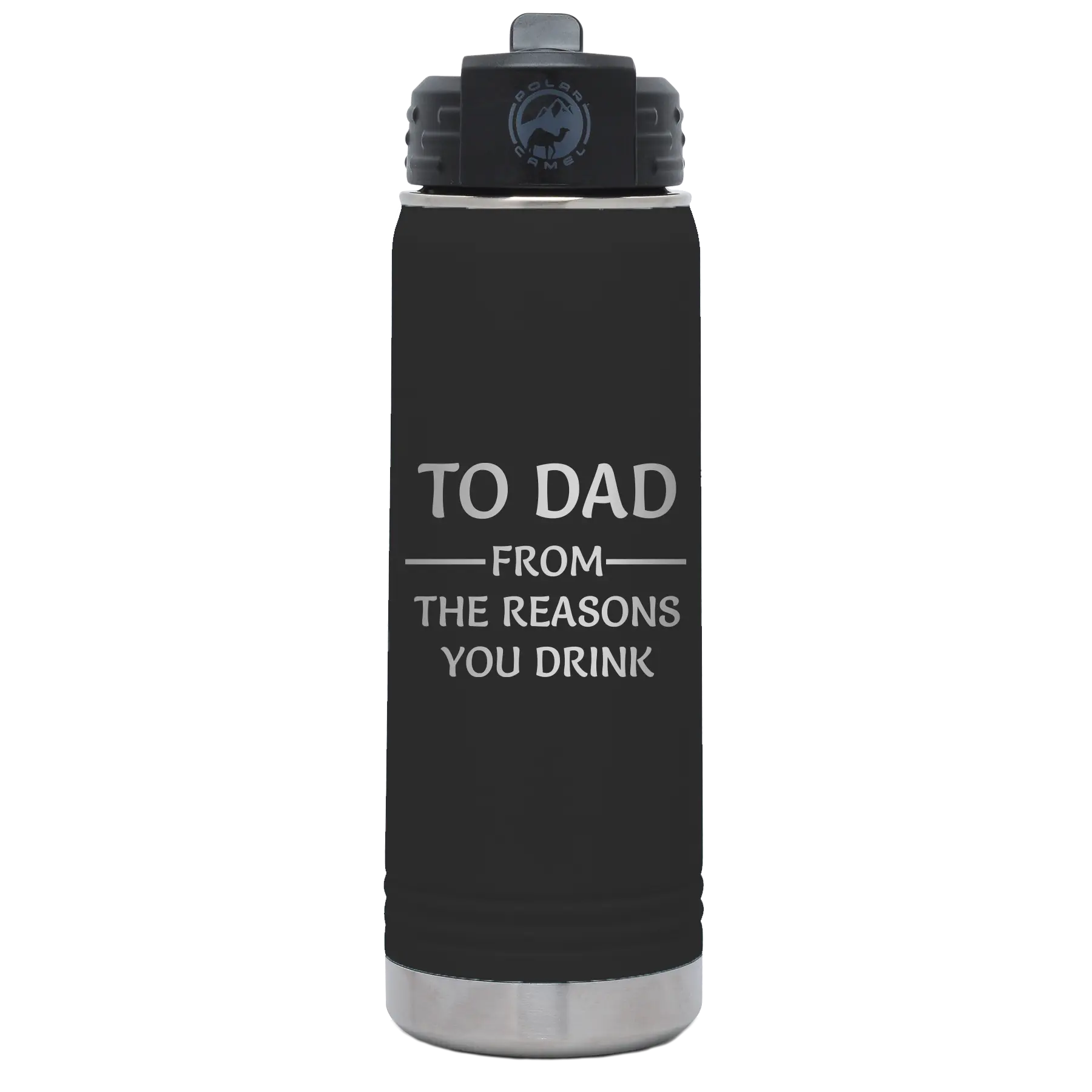 Laser etched black 20 oz vacuum insulated water bottle with 'Reasons You Drink' design