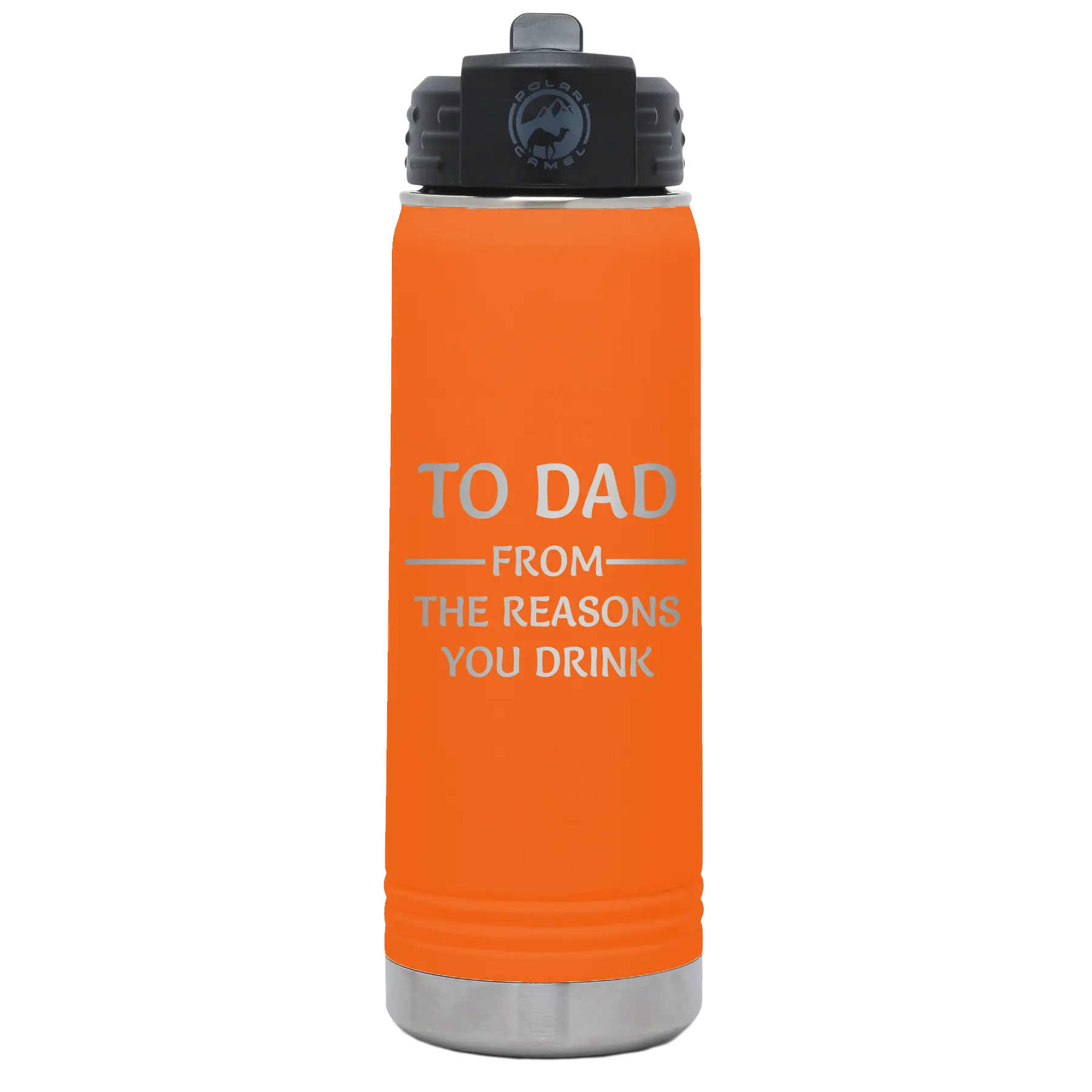 Laser etched orange 20 oz vacuum insulated water bottle with 'Reasons You Drink' design