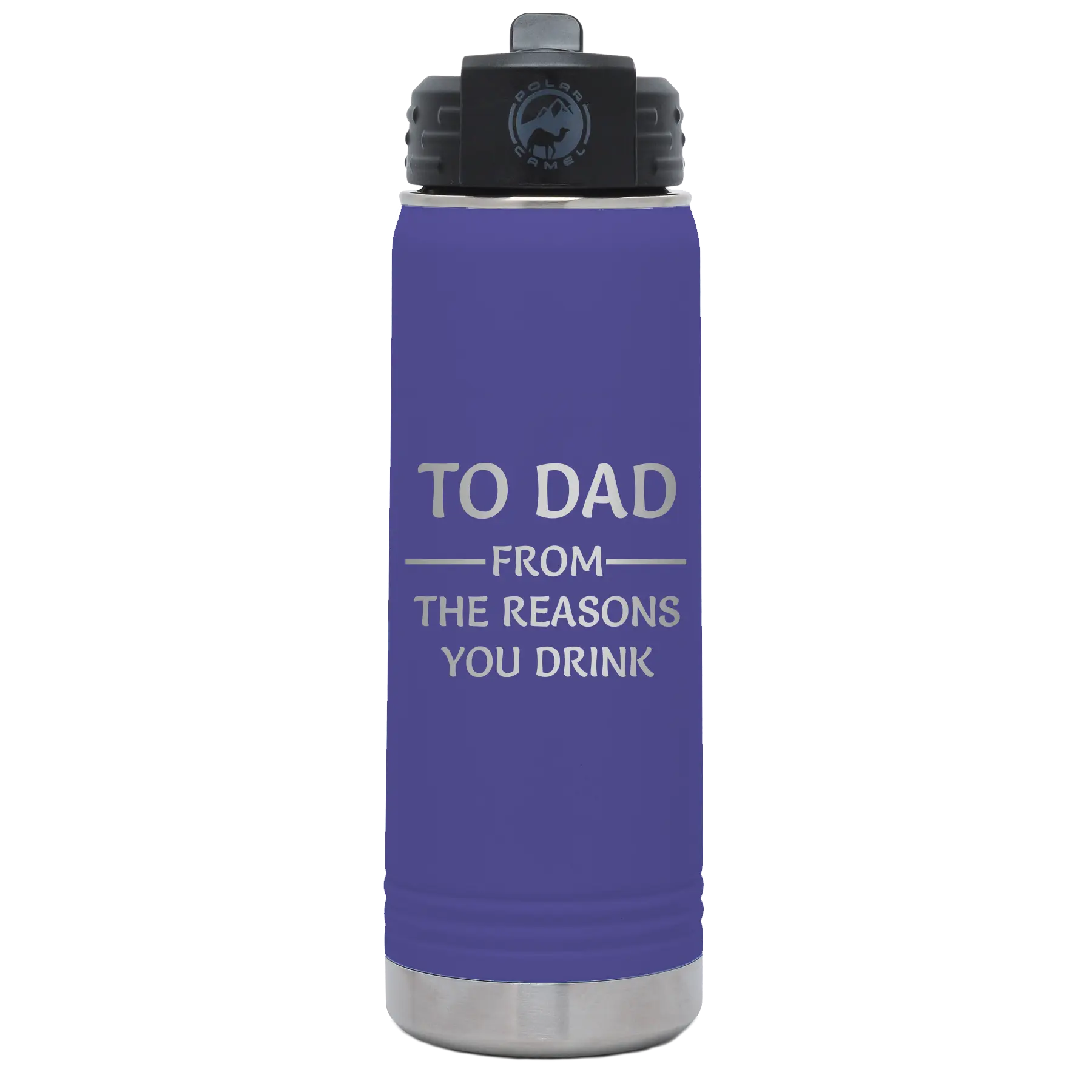 Laser etched purple 20 oz vacuum insulated water bottle with 'Reasons You Drink' design