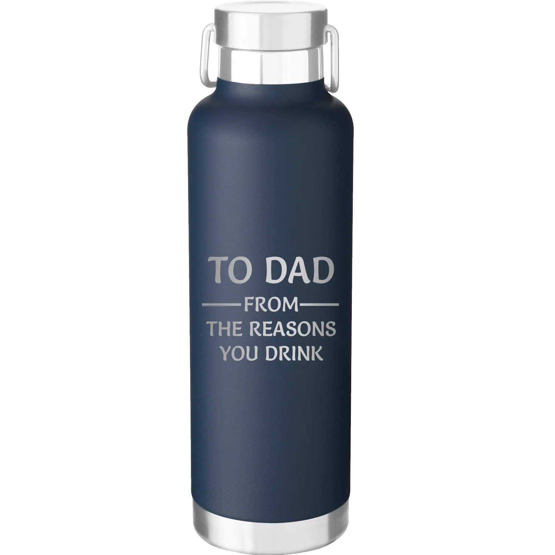 Laser etched navy 24 oz vacuum insulated water bottle with 'Reasons You Drink' design