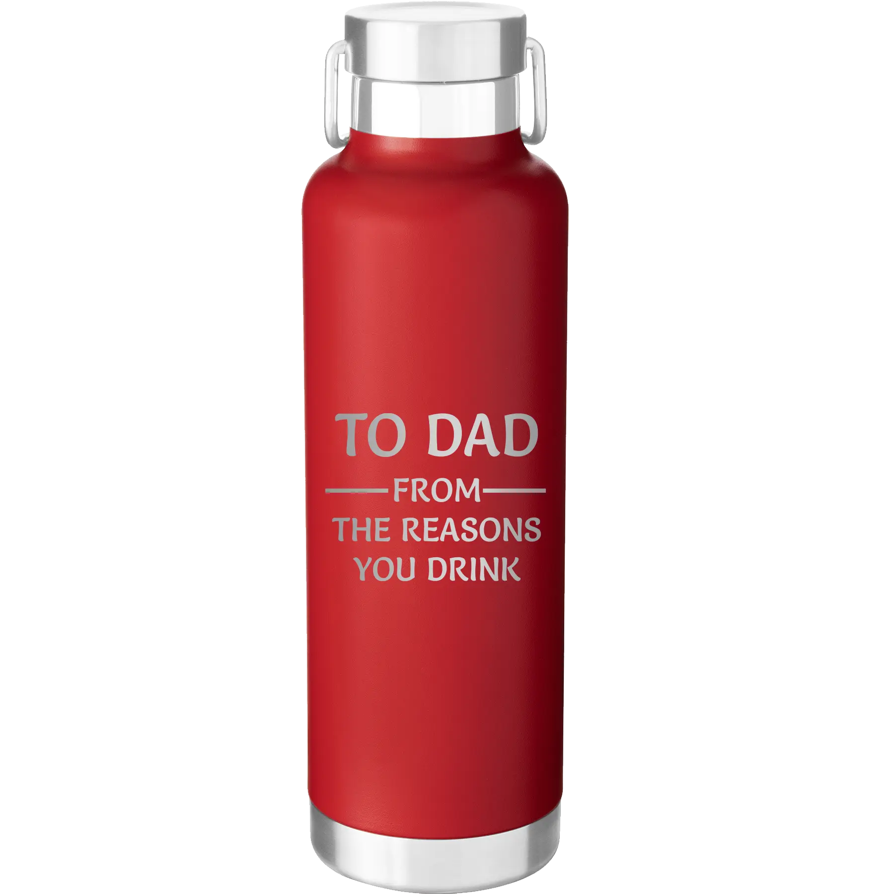 Laser etched red 24 oz vacuum insulated water bottle with 'Reasons You Drink' design