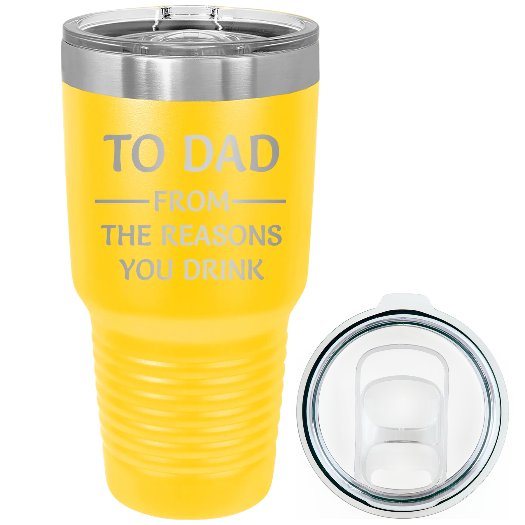 Laser etched yellow 30 oz vacuum insulated tumbler with 'Reasons You Drink' design