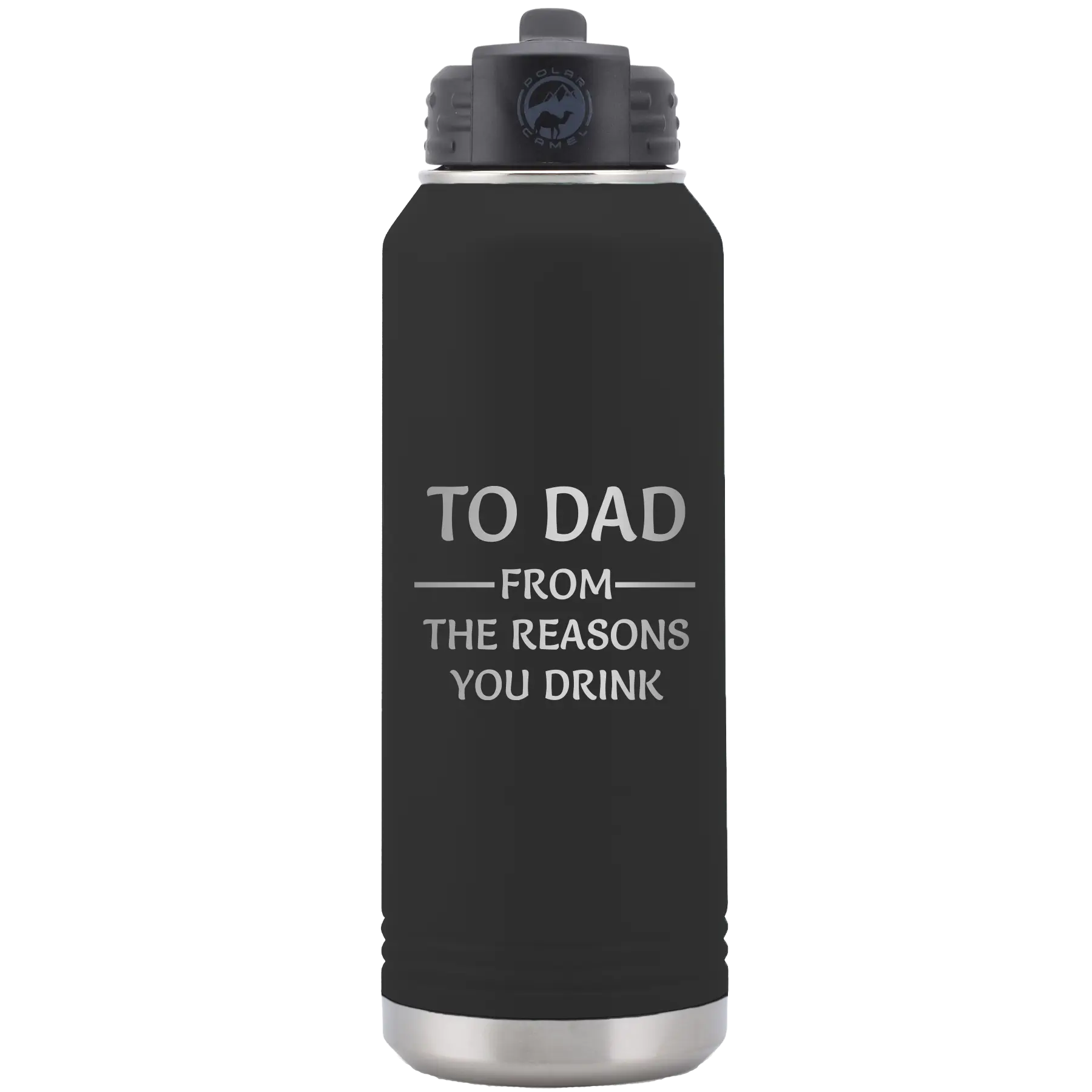 Laser etched black 32 oz vacuum insulated water bottle with 'Reasons You Drink' design