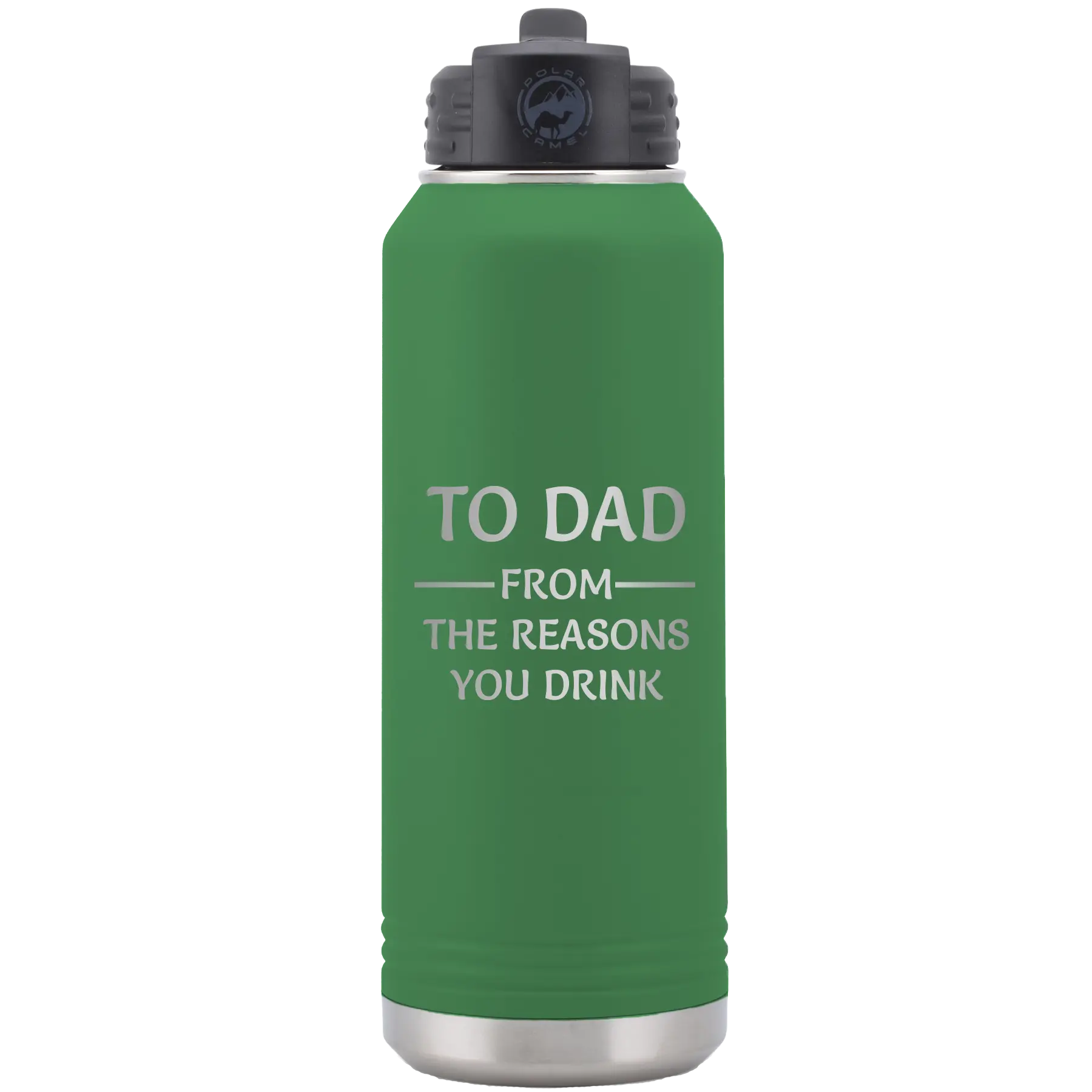 Laser etched green 32 oz vacuum insulated water bottle with 'Reasons You Drink' design