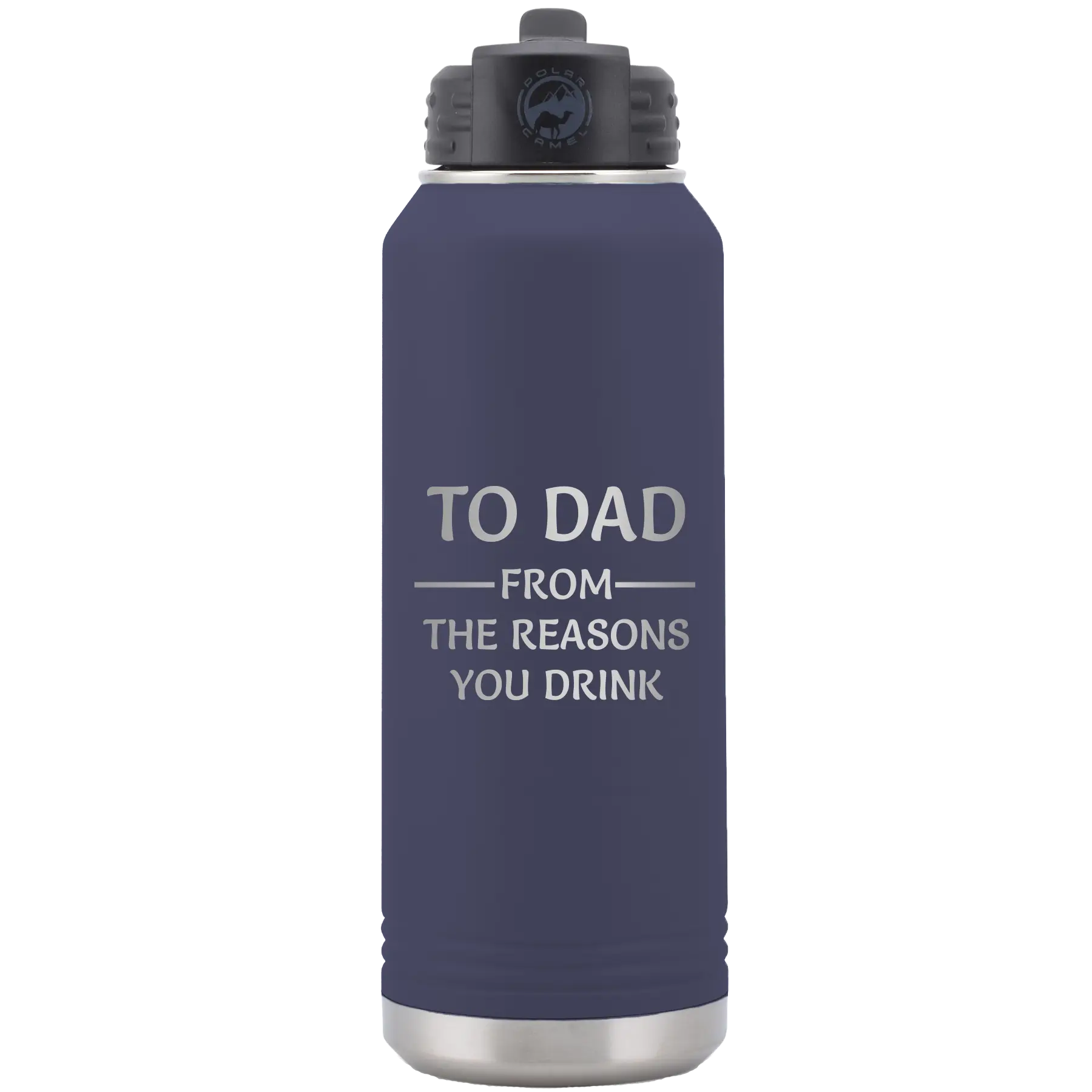 Laser etched navy 32 oz vacuum insulated water bottle with 'Reasons You Drink' design