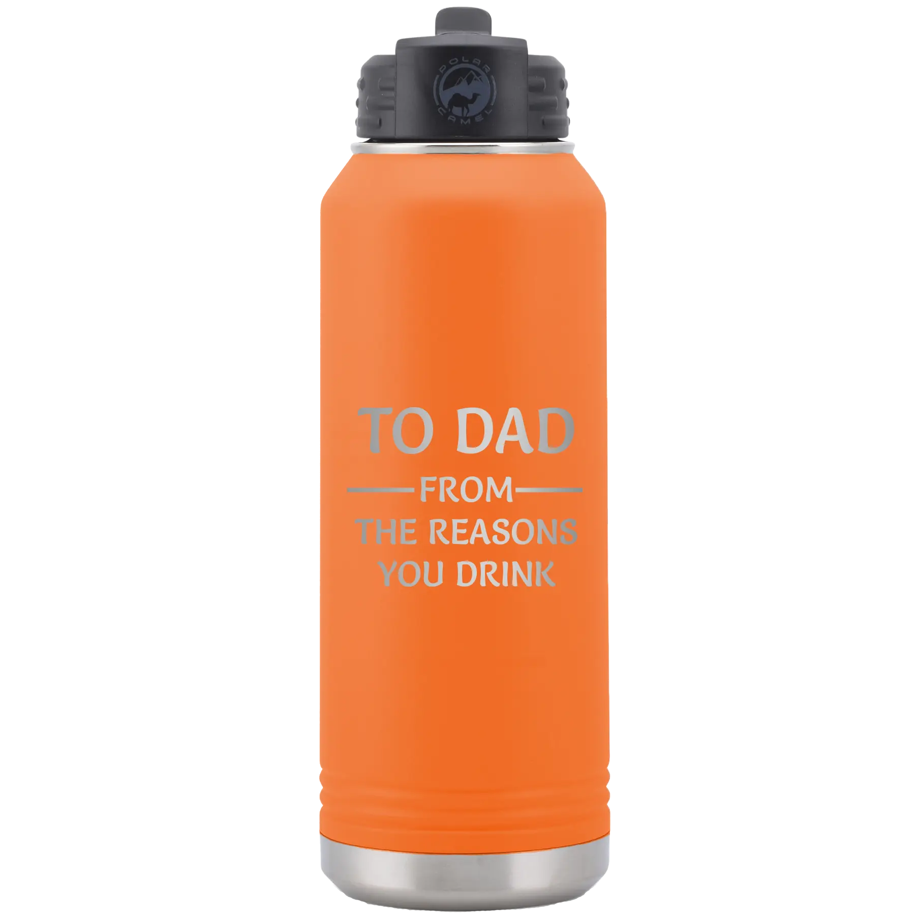 Laser etched orange 32 oz vacuum insulated water bottle with 'Reasons You Drink' design