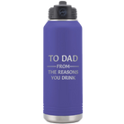 Laser etched purple 32 oz vacuum insulated water bottle with 'Reasons You Drink' design