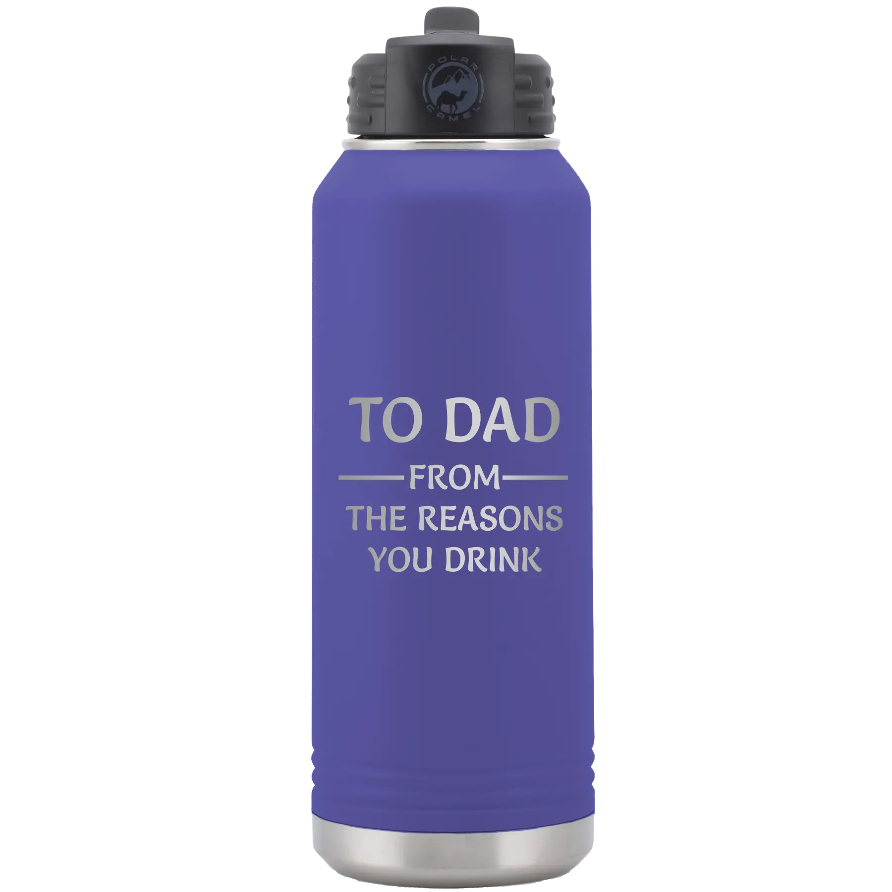 Laser etched purple 32 oz vacuum insulated water bottle with 'Reasons You Drink' design