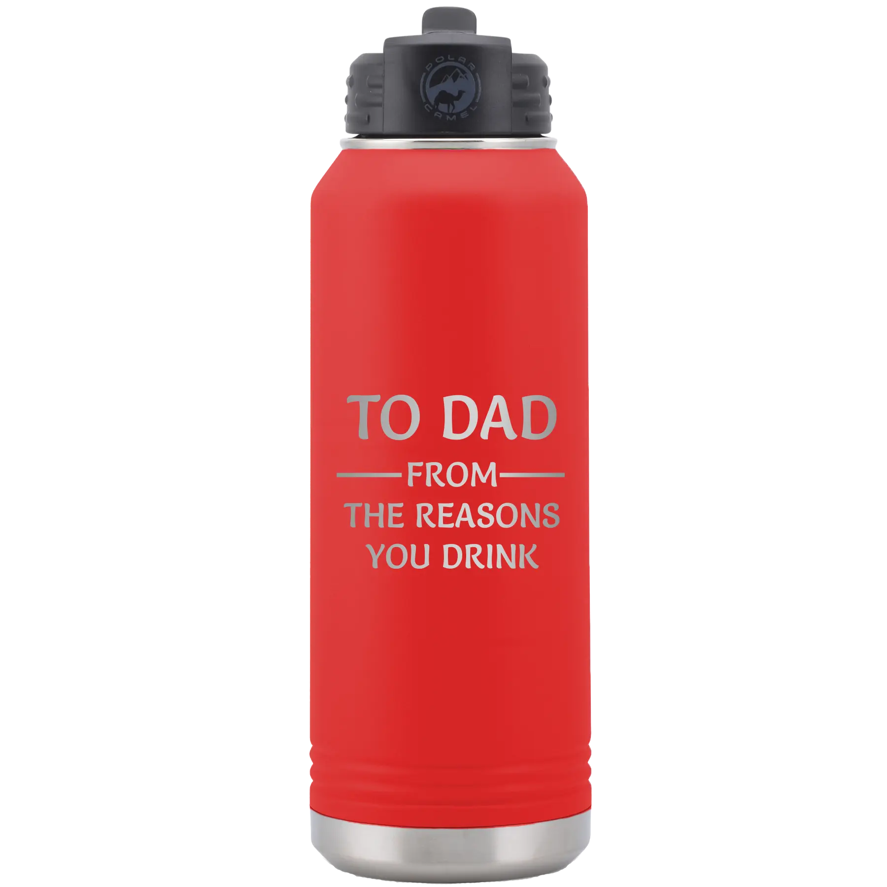 Laser etched red 32 oz vacuum insulated water bottle with 'Reasons You Drink' design
