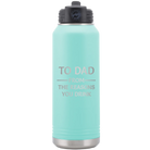 Laser etched teal 32 oz vacuum insulated water bottle with 'Reasons You Drink' design