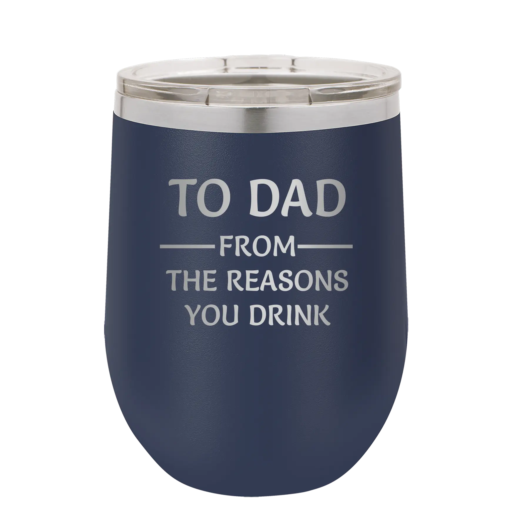 Personalized navy 12 oz vacuum insulated wine cup with etched 'Reasons You Drink' design
