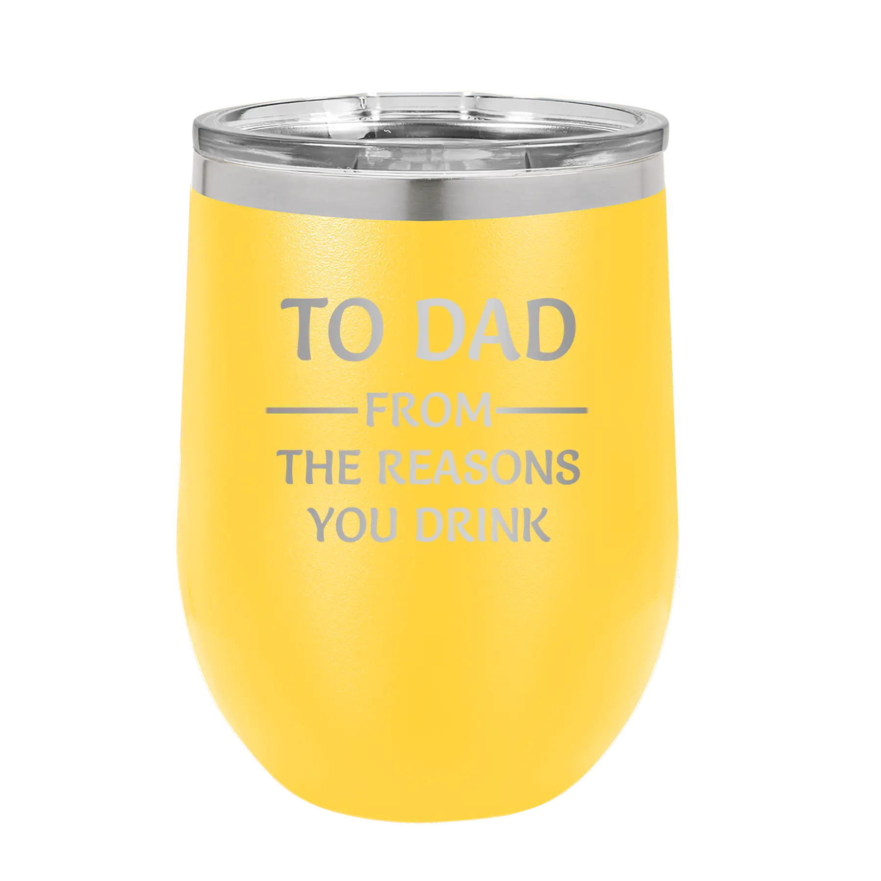Personalized yellow 12 oz vacuum insulated wine cup with etched 'Reasons You Drink' design