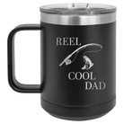 Personalized black 15 oz vacuum insulated coffee mug with etched 'Reel Cool Dad' design