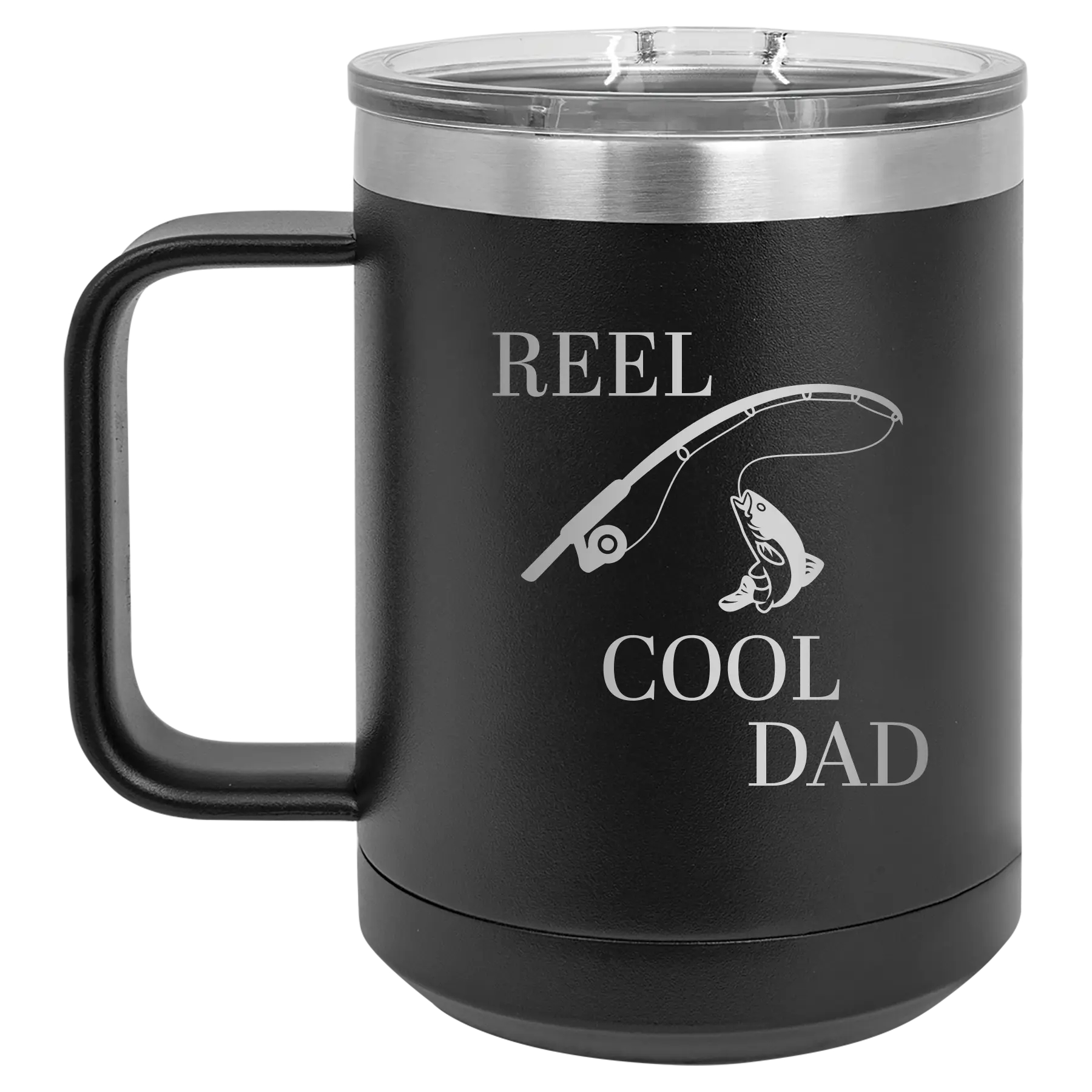 Personalized black 15 oz vacuum insulated coffee mug with etched 'Reel Cool Dad' design