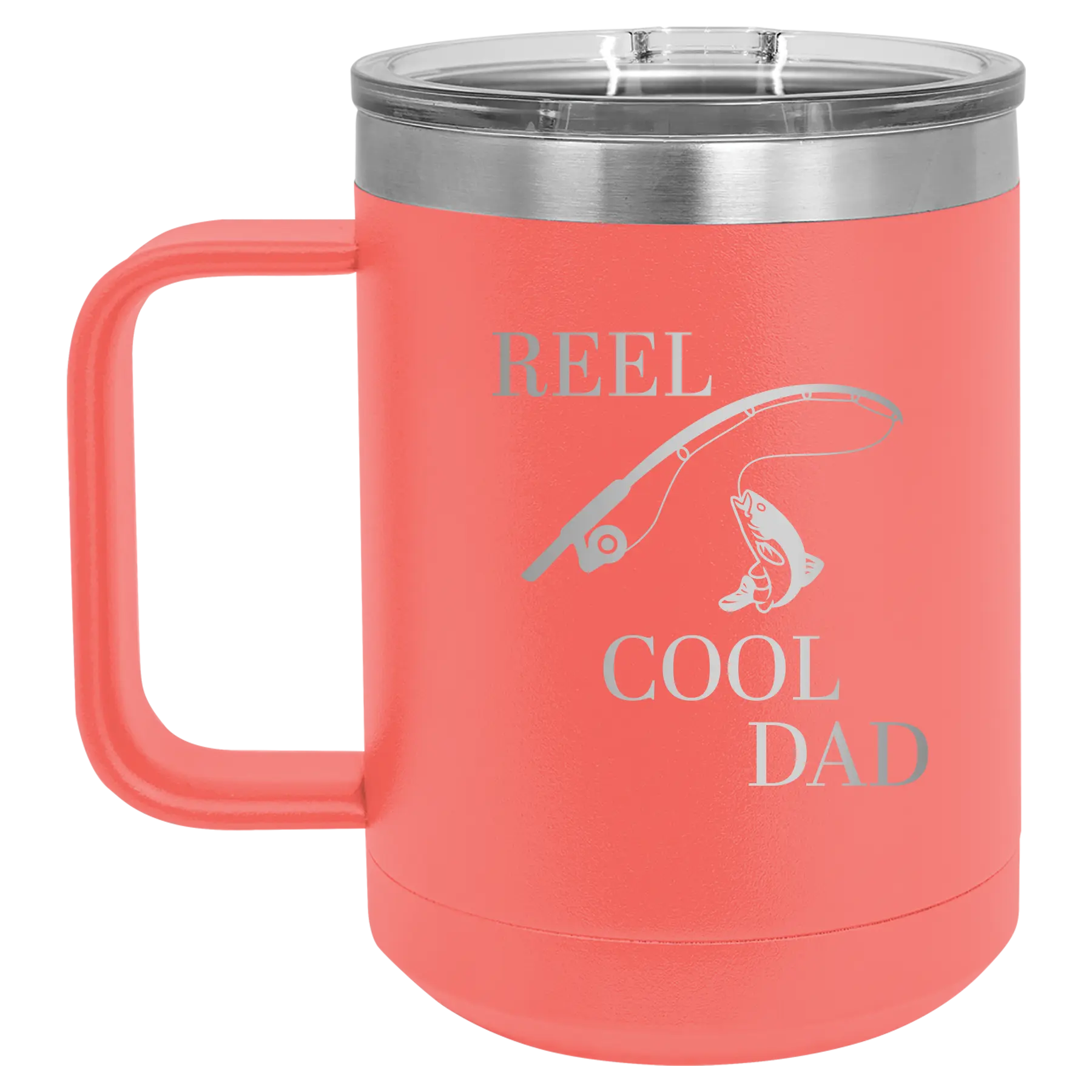 Personalized coral 15 oz vacuum insulated coffee mug with etched 'Reel Cool Dad' design