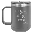Personalized dark gray 15 oz vacuum insulated coffee mug with etched 'Reel Cool Dad' design