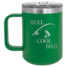 Personalized green 15 oz vacuum insulated coffee mug with etched 'Reel Cool Dad' design