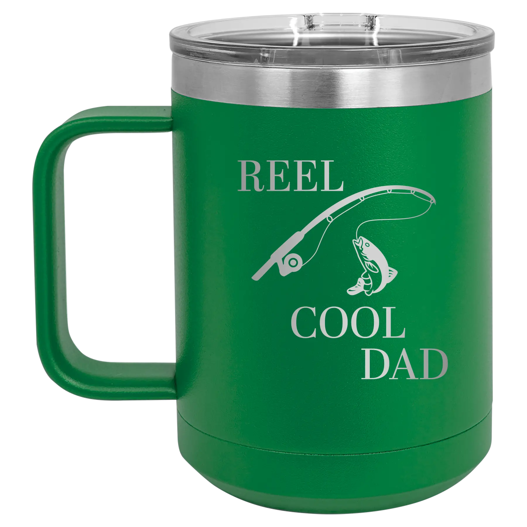 Personalized green 15 oz vacuum insulated coffee mug with etched 'Reel Cool Dad' design