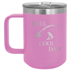 Personalized light purple 15 oz vacuum insulated coffee mug with etched 'Reel Cool Dad' design