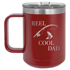 Personalized maroon 15 oz vacuum insulated coffee mug with etched 'Reel Cool Dad' design