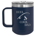 Personalized navy 15 oz vacuum insulated coffee mug with etched 'Reel Cool Dad' design