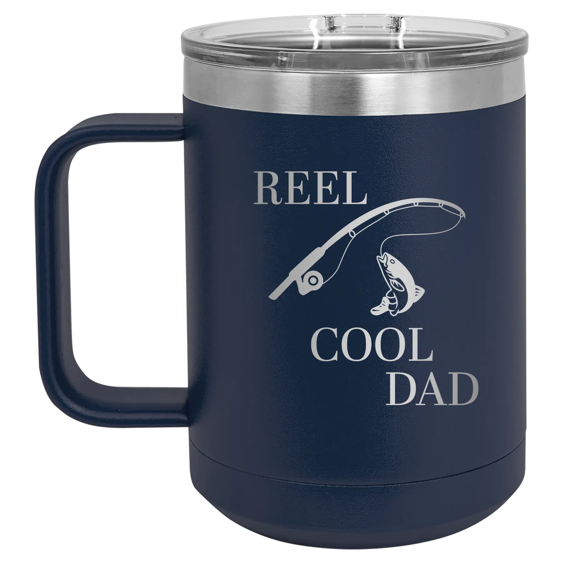 Personalized navy 15 oz vacuum insulated coffee mug with etched 'Reel Cool Dad' design