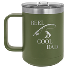 Personalized olive green 15 oz vacuum insulated coffee mug with etched 'Reel Cool Dad' design