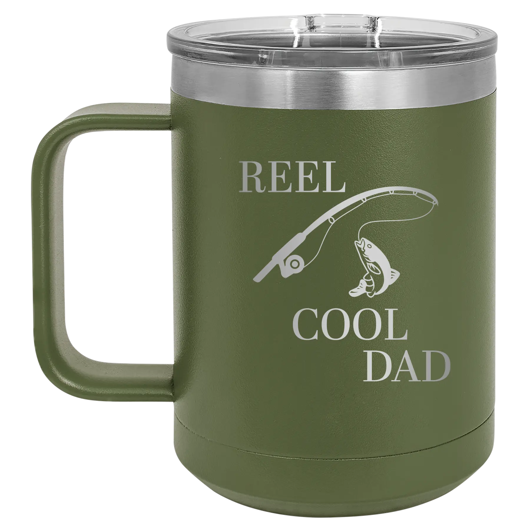 Personalized olive green 15 oz vacuum insulated coffee mug with etched 'Reel Cool Dad' design
