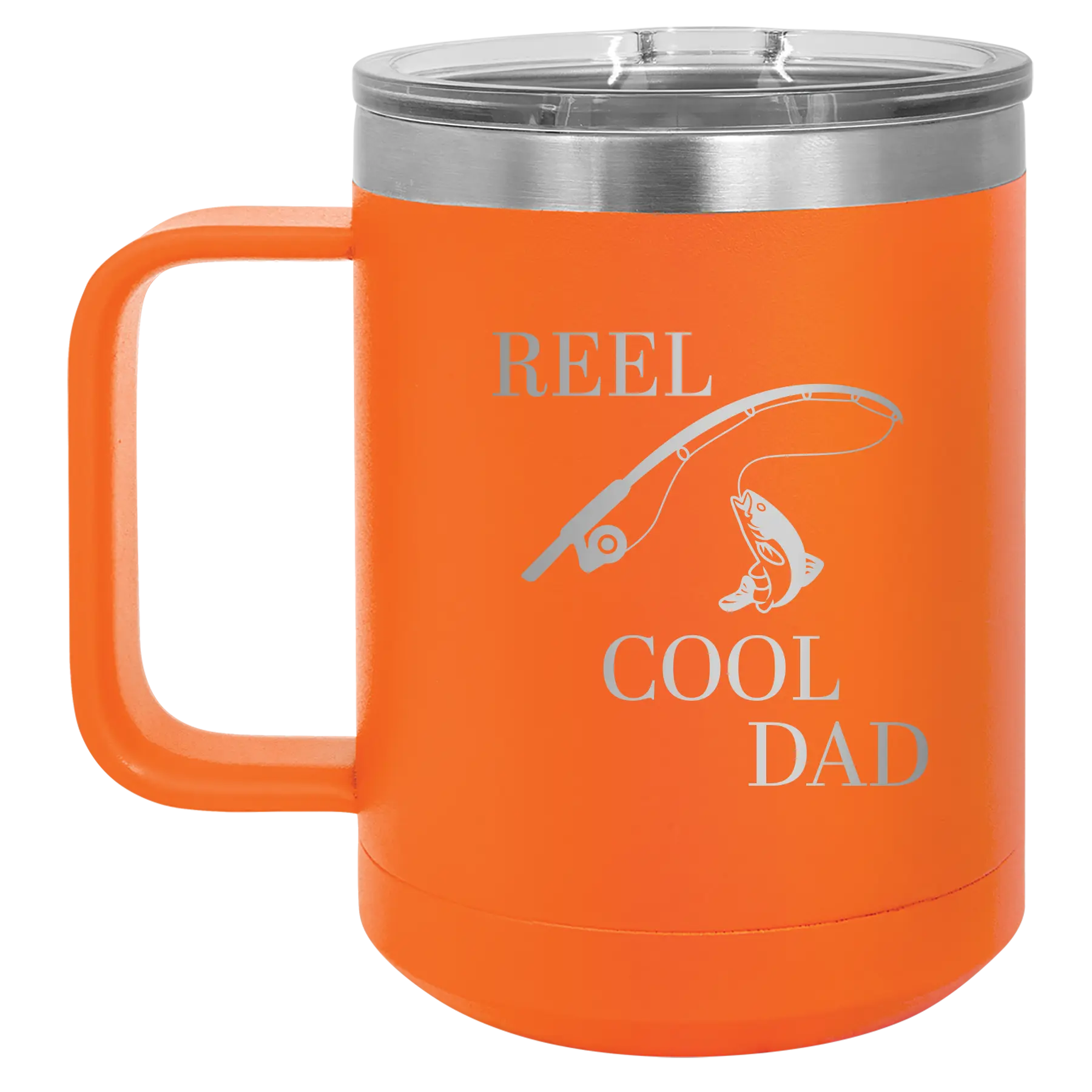 Personalized orange 15 oz vacuum insulated coffee mug with etched 'Reel Cool Dad' design