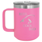 Personalized pink 15 oz vacuum insulated coffee mug with etched 'Reel Cool Dad' design