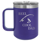 Personalized purple 15 oz vacuum insulated coffee mug with etched 'Reel Cool Dad' design