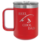 Personalized red 15 oz vacuum insulated coffee mug with etched 'Reel Cool Dad' design